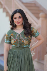 Wonderful Green Color Plain Gown With Work Koti