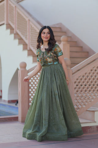 Wonderful Green Color Plain Gown With Work Koti