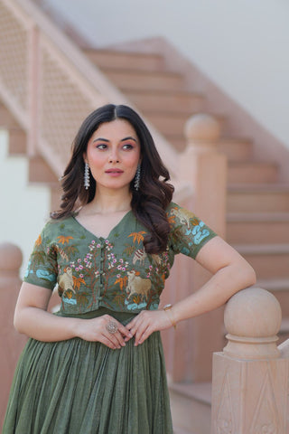 Wonderful Green Color Plain Gown With Work Koti