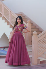 Wonderful Wine Color Plain Gown With Work Koti