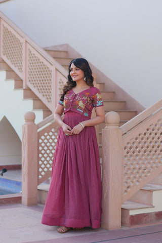 Wonderful Wine Color Plain Gown With Work Koti
