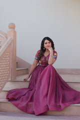 Wonderful Wine Color Plain Gown With Work Koti