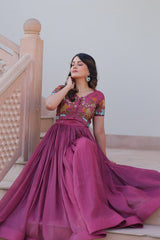 Wonderful Wine Color Plain Gown With Work Koti