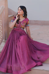 Wonderful Wine Color Plain Gown With Work Koti