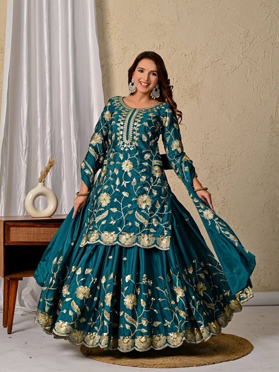 Teal Green Color Glimmering Sequence Work Lehenga Set