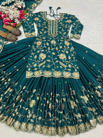 Teal Green Color Glimmering Sequence Work Lehenga Set