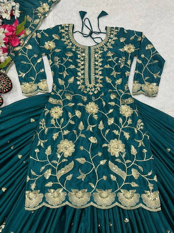 Teal Green Color Glimmering Sequence Work Lehenga Set