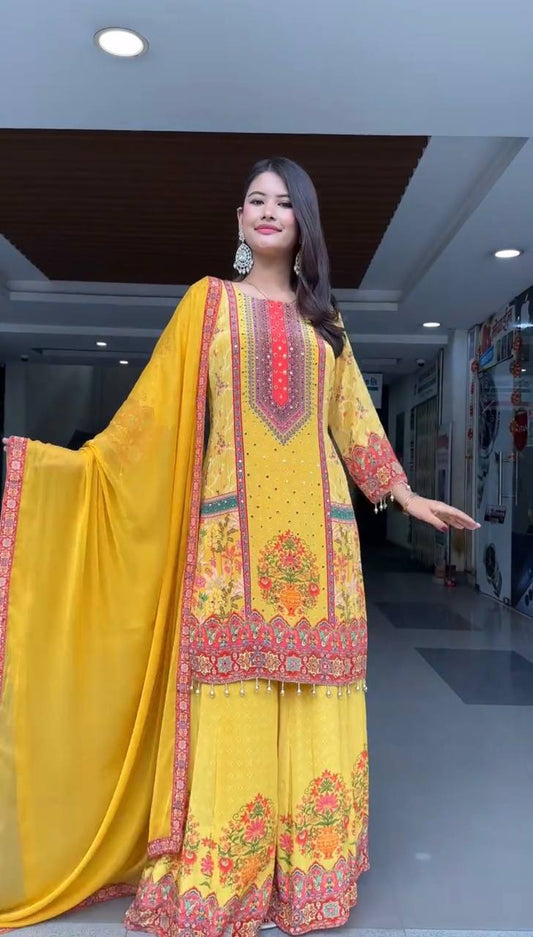 Mustard Color Mirror Work Marvelous Palazzo Suit