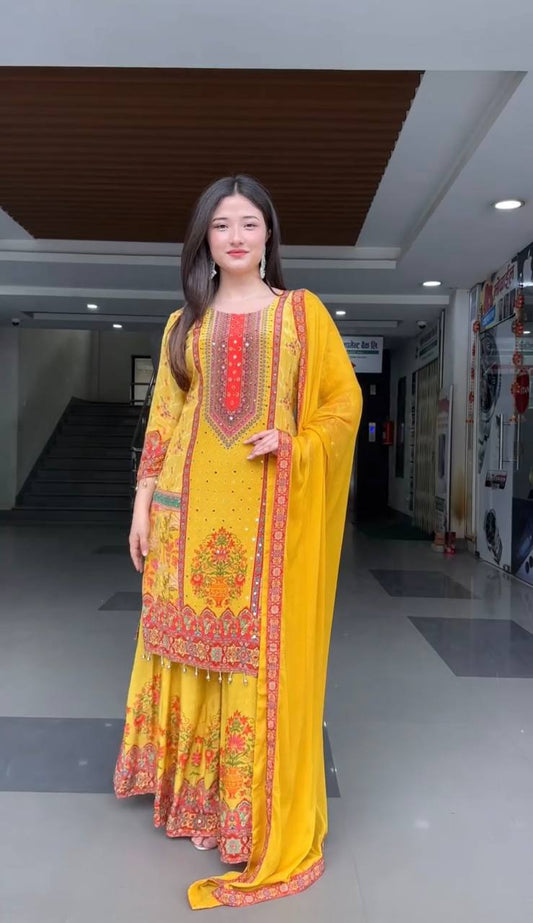Mustard Color Mirror Work Marvelous Palazzo Suit
