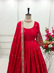 Stunning Embroidery Work Red Color Anarkali Gown