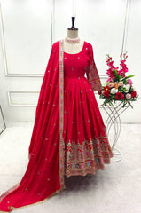 Stunning Embroidery Work Red Color Anarkali Gown