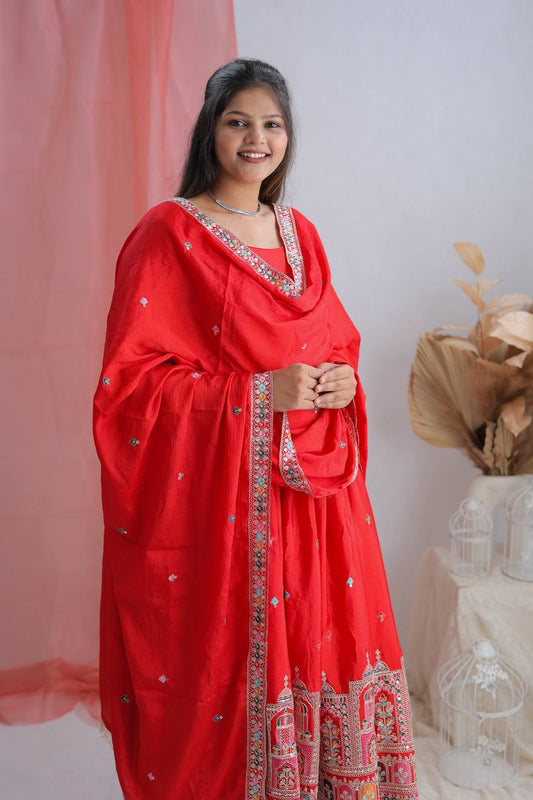 Stunning Embroidery Work Red Color Anarkali Gown