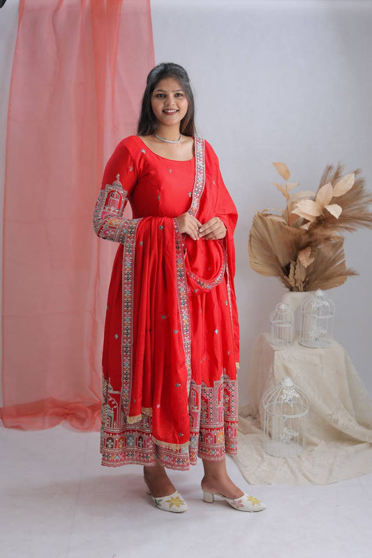 Stunning Embroidery Work Red Color Anarkali Gown