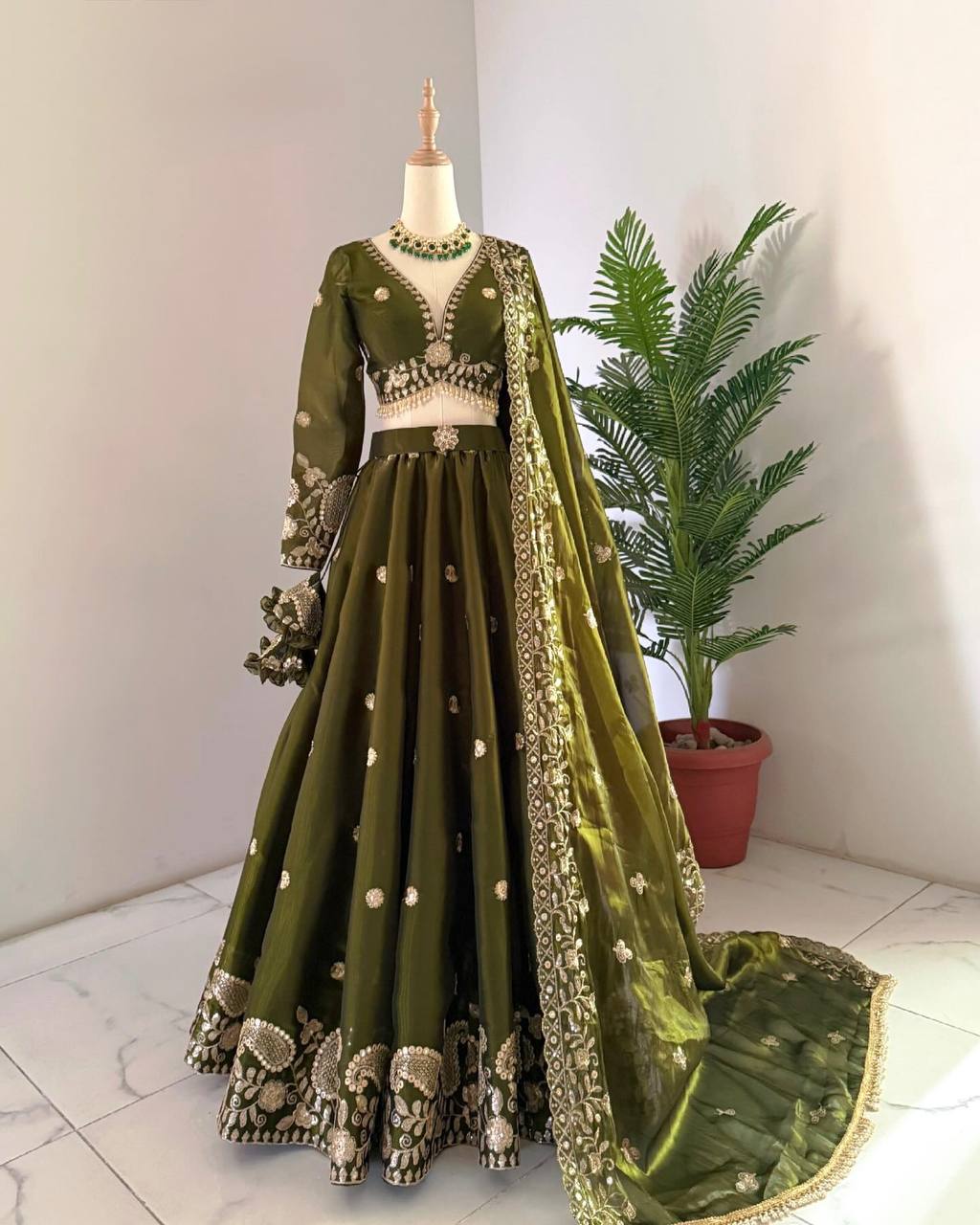 Mehndi Color Marriage Special Lehenga Choli