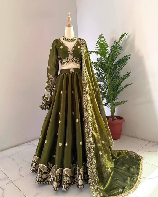 Mehndi Color Marriage Special Lehenga Choli