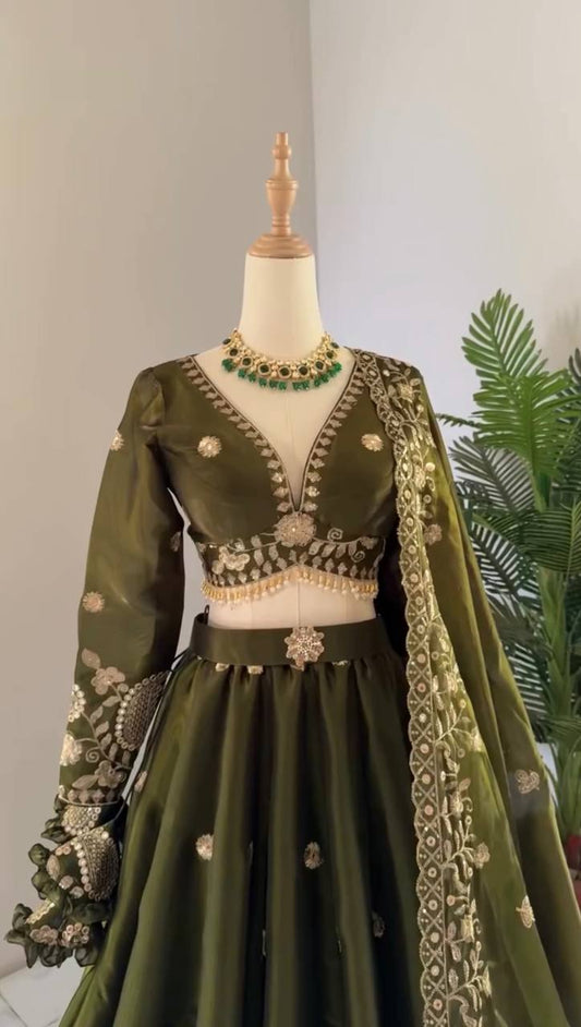 Mehndi Color Marriage Special Lehenga Choli