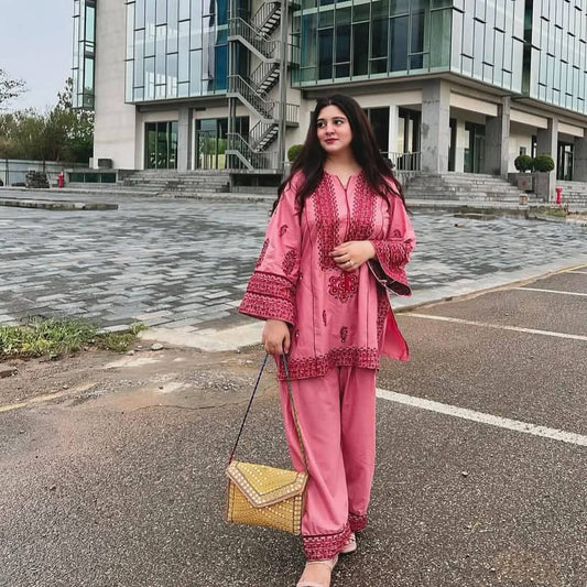 Full Stitched Heavy Thread Work Pink Color Co-ord Set