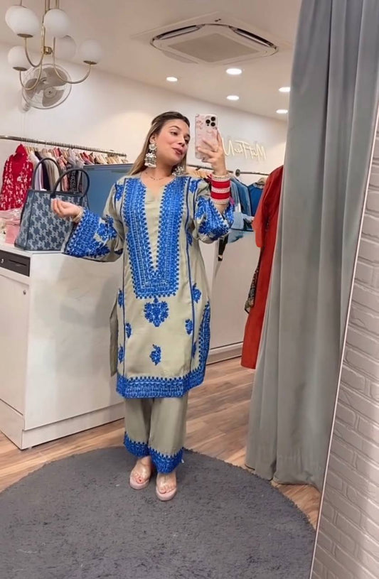 Full Stitched Heavy Thread Work Gray Color Co-ord Set