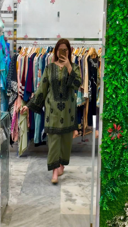 Full Stitched Heavy Thread Work Mehndi Color Co-ord Set