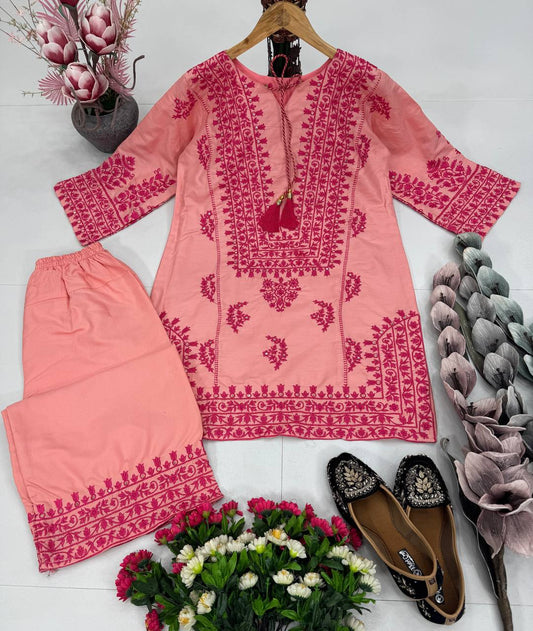 Full Stitched Heavy Thread Work Pink Color Co-ord Set