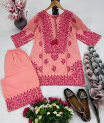 Full Stitched Heavy Thread Work Pink Color Co-ord Set