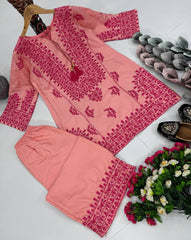 Full Stitched Heavy Thread Work Pink Color Co-ord Set