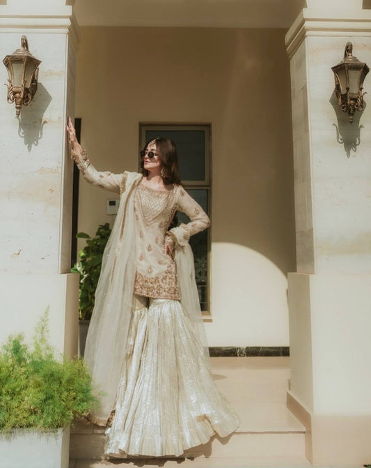 White Color Embroidery Work Captivating Sharara Suit