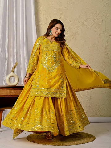 Sequence With Embroidery Work Mustard Color Sharara Suit