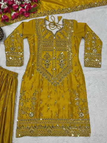 Sequence With Embroidery Work Mustard Color Sharara Suit