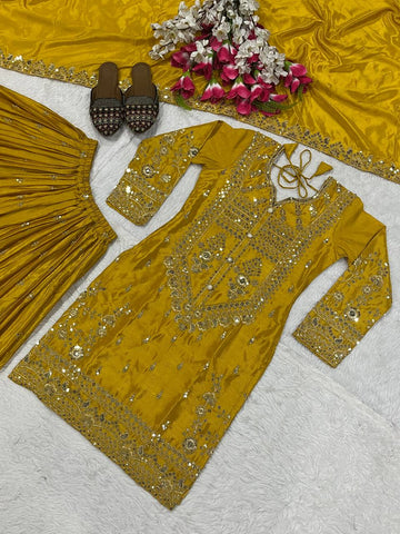 Sequence With Embroidery Work Mustard Color Sharara Suit