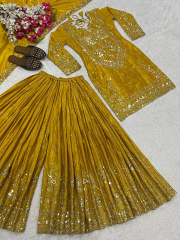 Sequence With Embroidery Work Mustard Color Sharara Suit