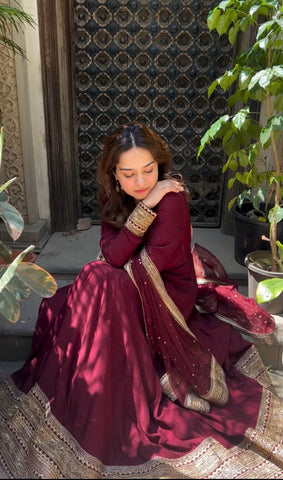 Stylish Heavy Border Wine Color Stitched Gown