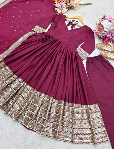 Stylish Heavy Border Wine Color Stitched Gown