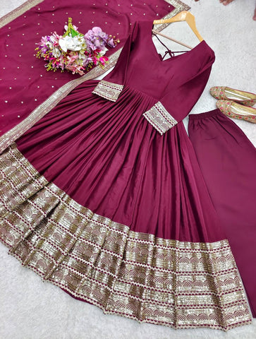 Stylish Heavy Border Wine Color Stitched Gown