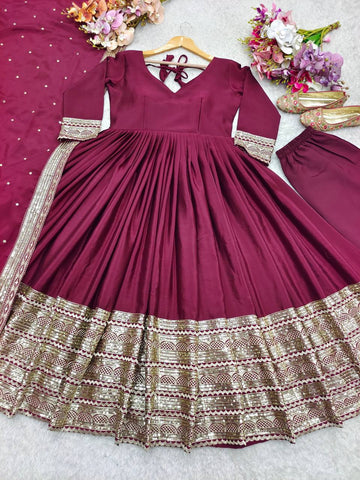 Stylish Heavy Border Wine Color Stitched Gown