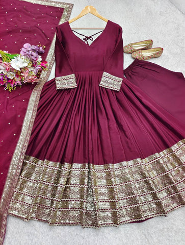 Stylish Heavy Border Wine Color Stitched Gown