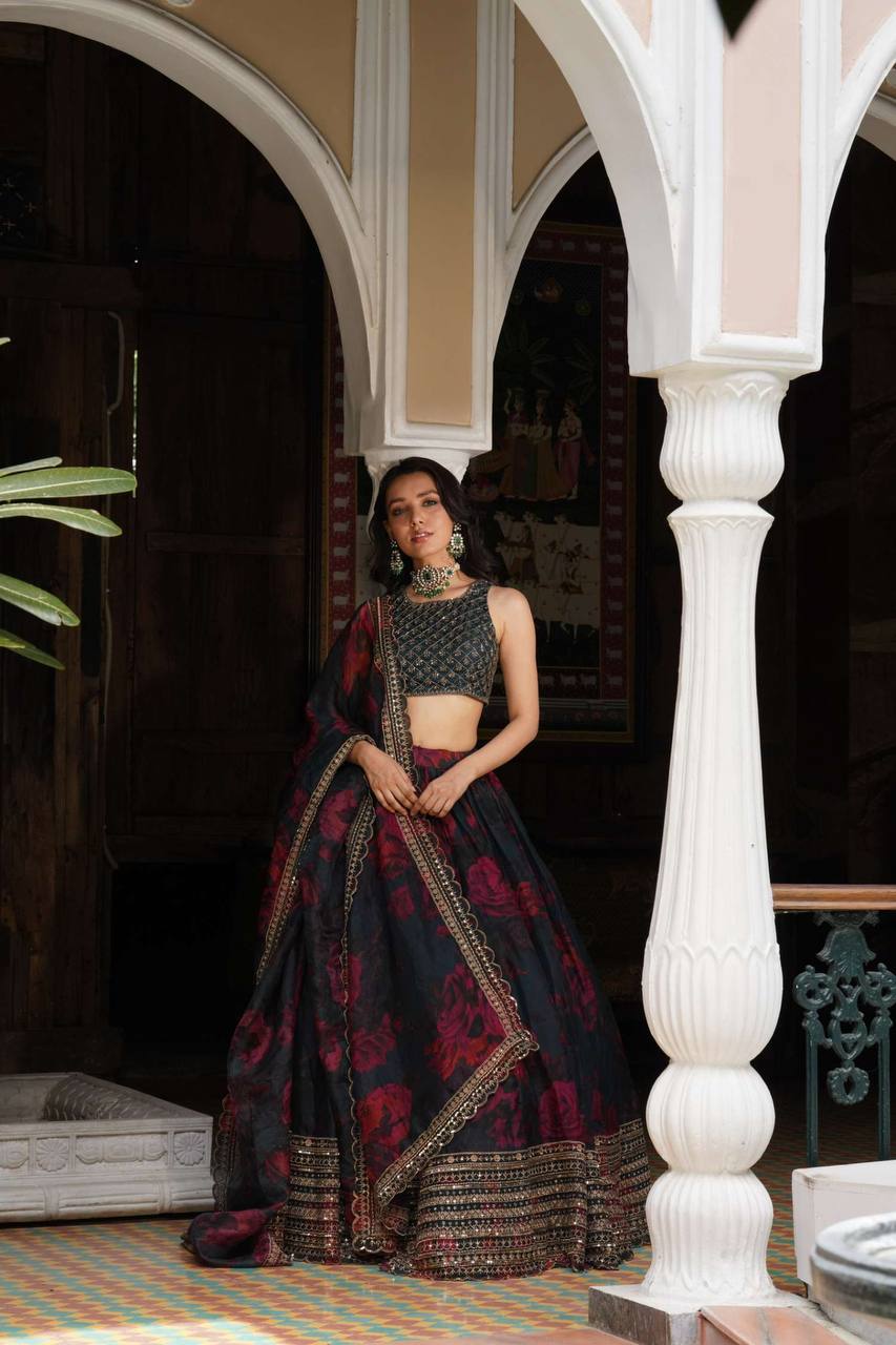 Printed Black Color Gorgeous Organza Lehenga Choli