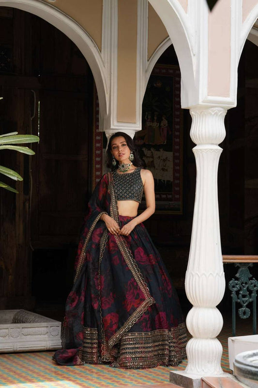 Printed Black Color Gorgeous Organza Lehenga Choli