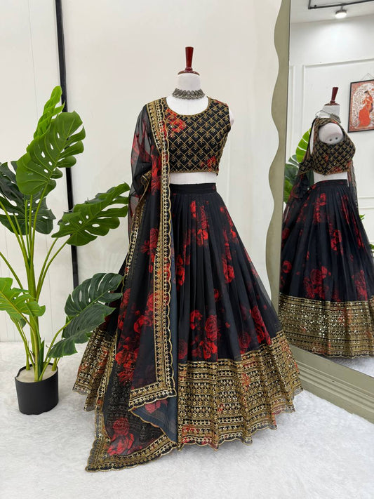 Printed Black Color Gorgeous Organza Lehenga Choli