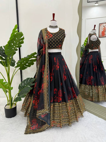 Printed Black Color Gorgeous Organza Lehenga Choli
