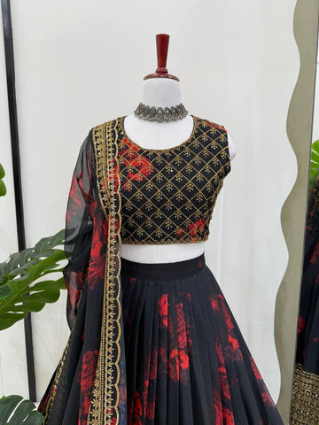 Printed Black Color Gorgeous Organza Lehenga Choli