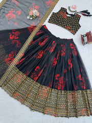 Printed Black Color Gorgeous Organza Lehenga Choli
