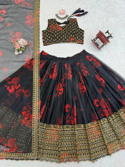 Printed Black Color Gorgeous Organza Lehenga Choli