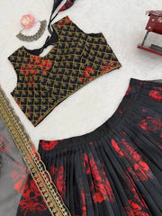 Printed Black Color Gorgeous Organza Lehenga Choli