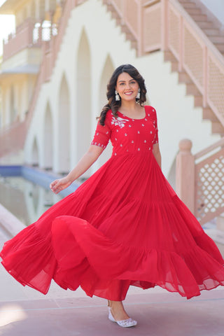 Red Color Beads Work Flattering Gown