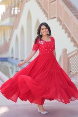 Red Color Beads Work Flattering Gown