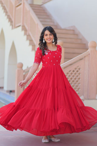 Red Color Beads Work Flattering Gown