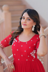 Red Color Beads Work Flattering Gown