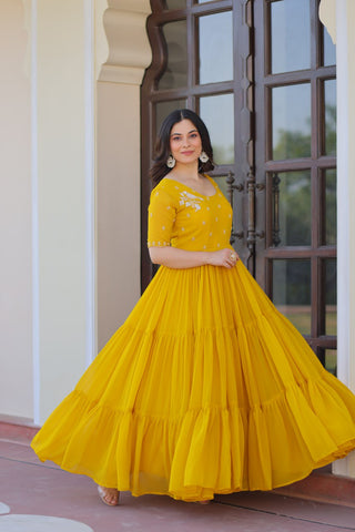 Yellow Color Beads Work Flattering Gown