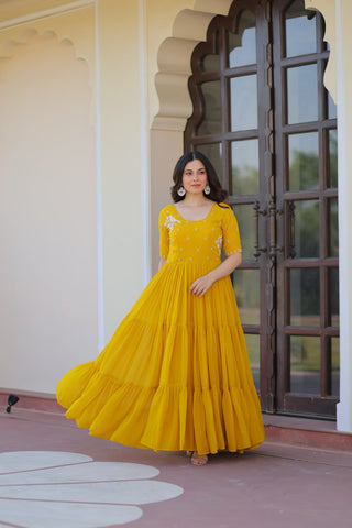 Yellow Color Beads Work Flattering Gown